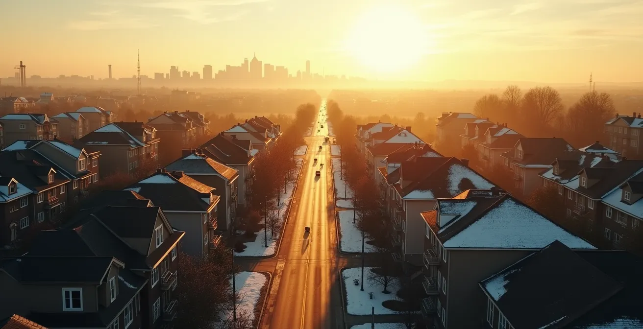 Vue aérienne de quartiers résidentiels montréalais avec graphique de tendance superposé