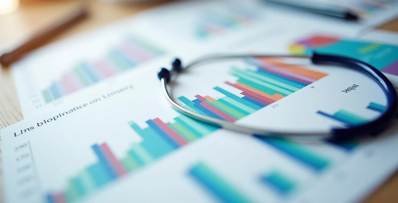 Vue macro de documents médicaux flous avec graphiques de santé