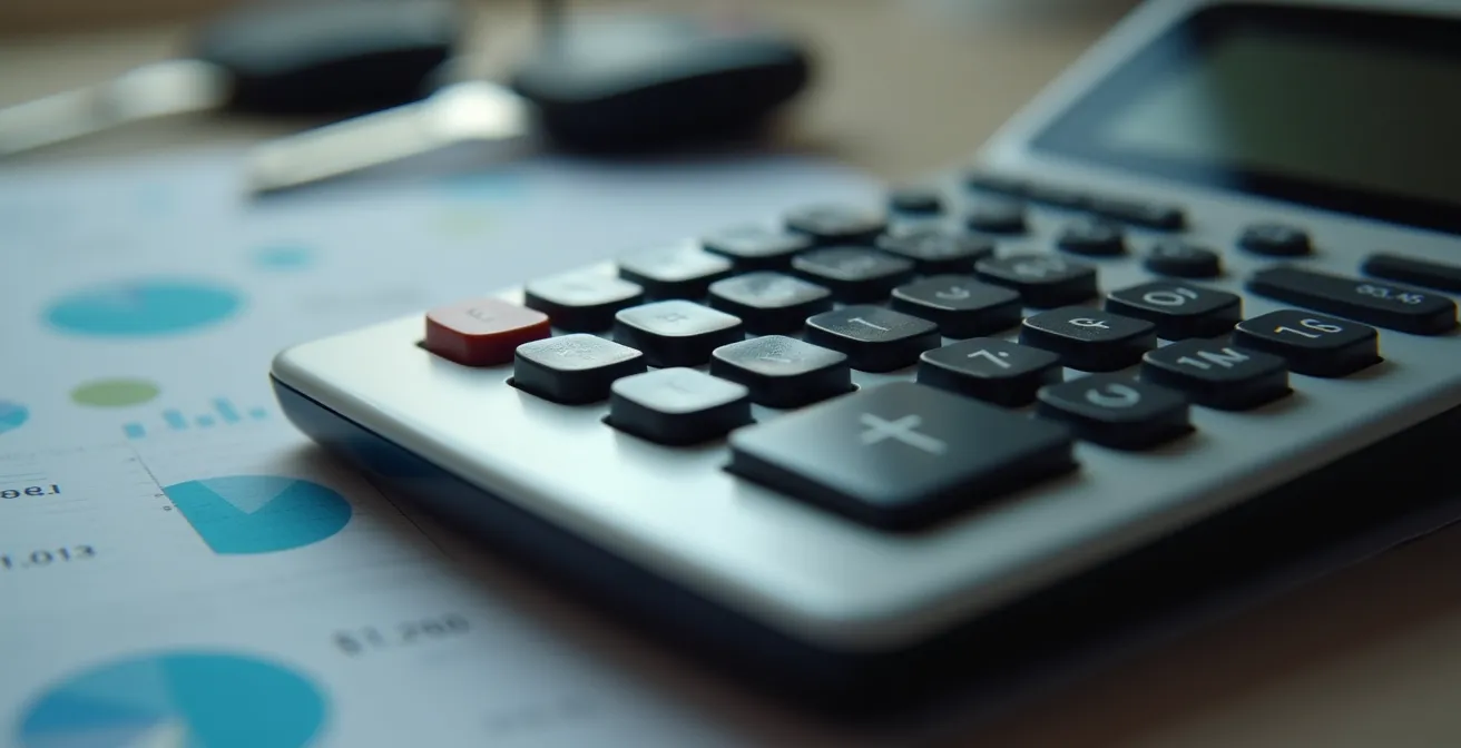 Vue macro d'une calculatrice avec clés de voiture floues en arrière-plan