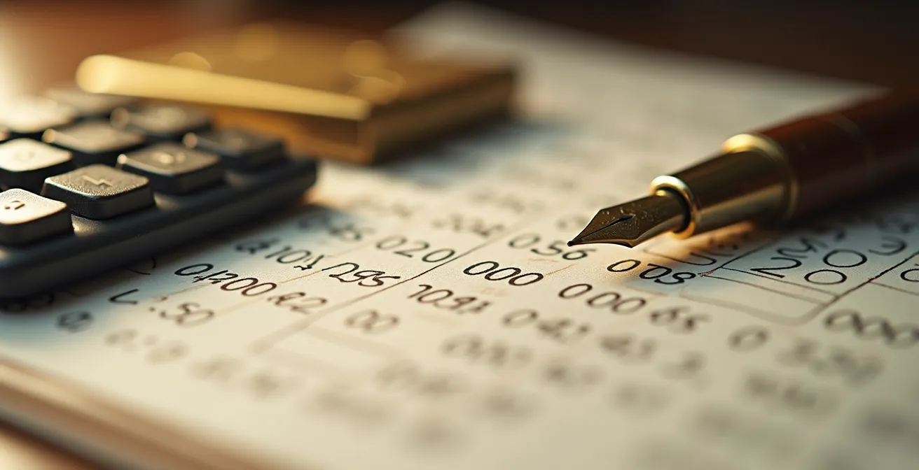 Vue macro de documents financiers avec calculatrice et stylo