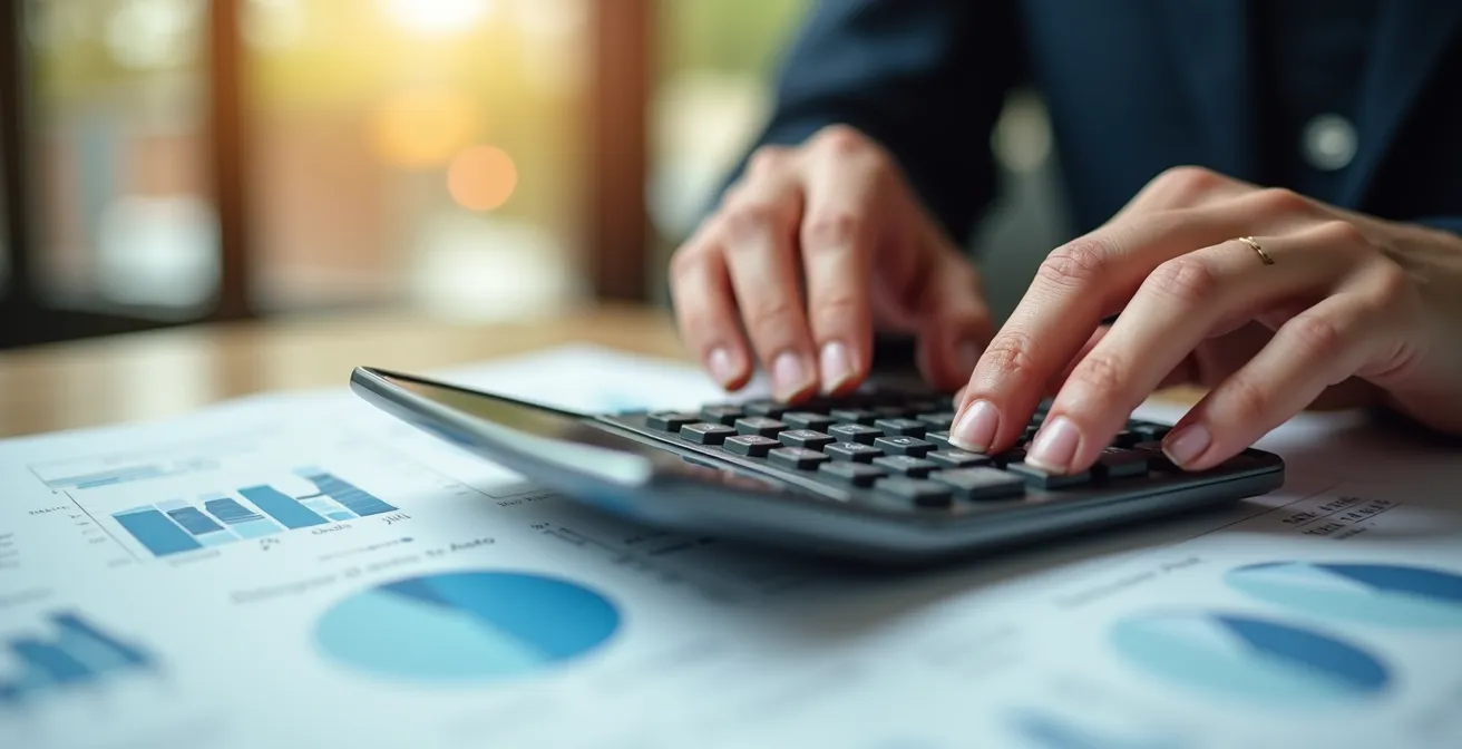 Gros plan sur des mains calculant des chiffres avec une calculatrice dans un bureau lumineux