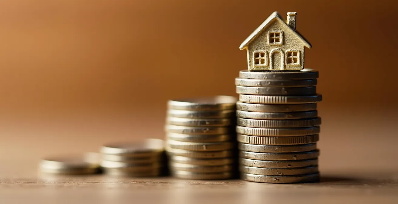 Vue macro de pièces de monnaie empilées avec modèle de maison miniature