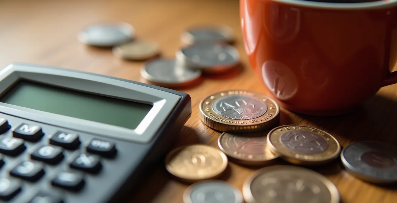 Calculatrice entourée de pièces de monnaie illustrant le concept des micro-remboursements