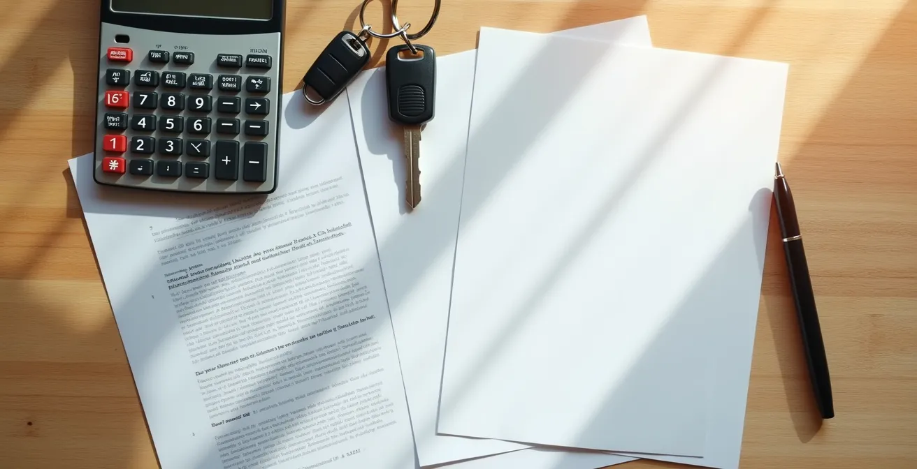 Vue aérienne d'une table avec calculatrice, documents financiers et clés de voiture lors d'une négociation
