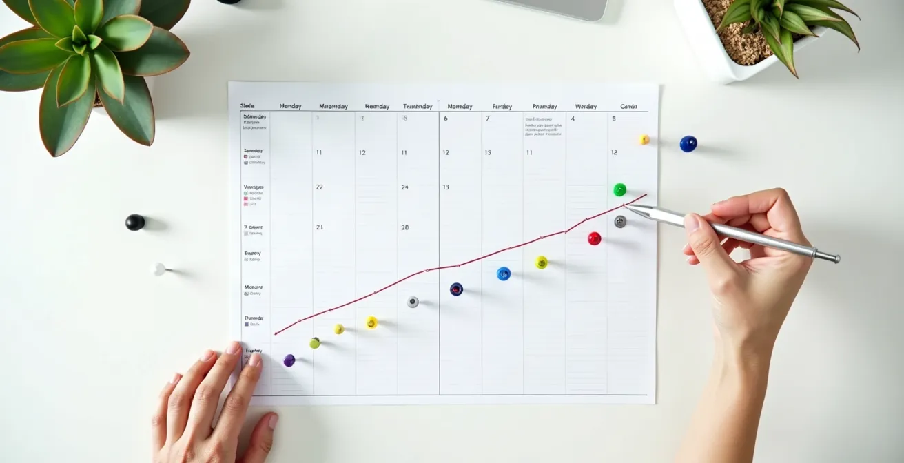 Vue aérienne d'un calendrier avec des épingles colorées marquant des jalons importants sur plusieurs années