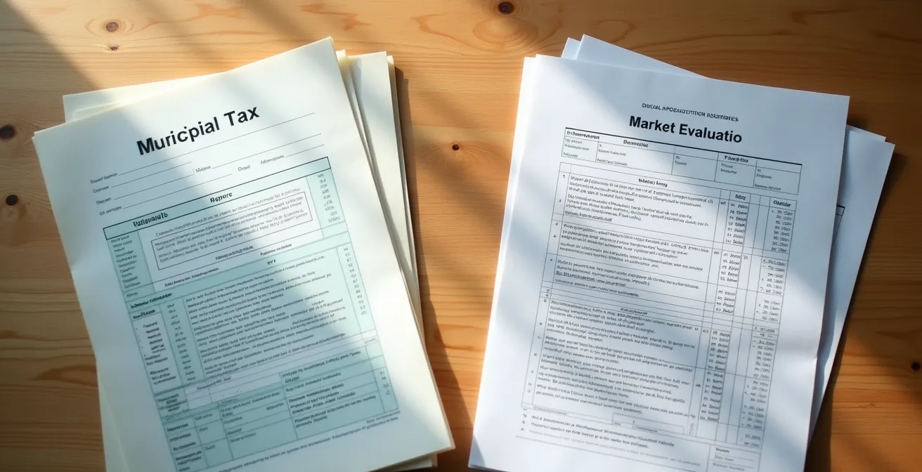 Documents d'évaluation municipale et rapport d'évaluation marchande côte à côte sur un bureau