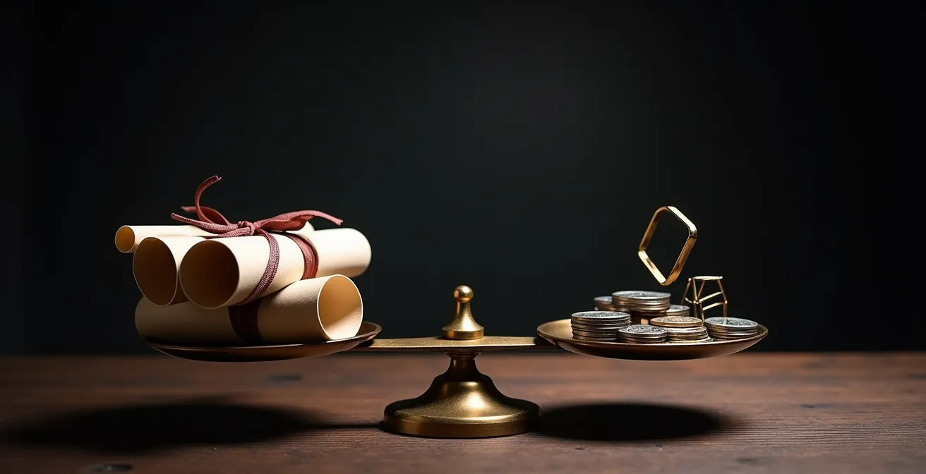 Balance équilibrée représentant le choix entre dette et équité pour le financement