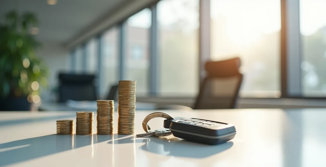 Balance symbolique avec pièces de monnaie d'un côté et clés de voiture de l'autre dans un environnement minimaliste