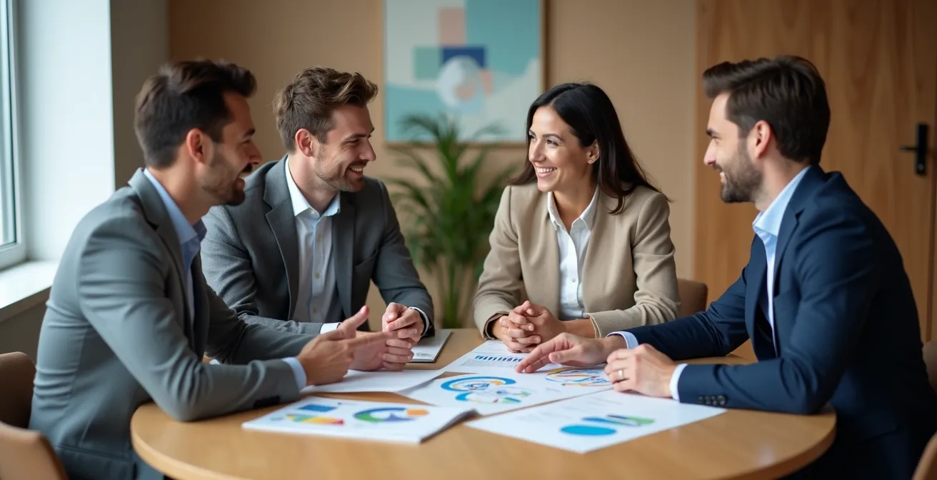 Couple consultant des documents financiers avec un conseiller dans un bureau québécois moderne