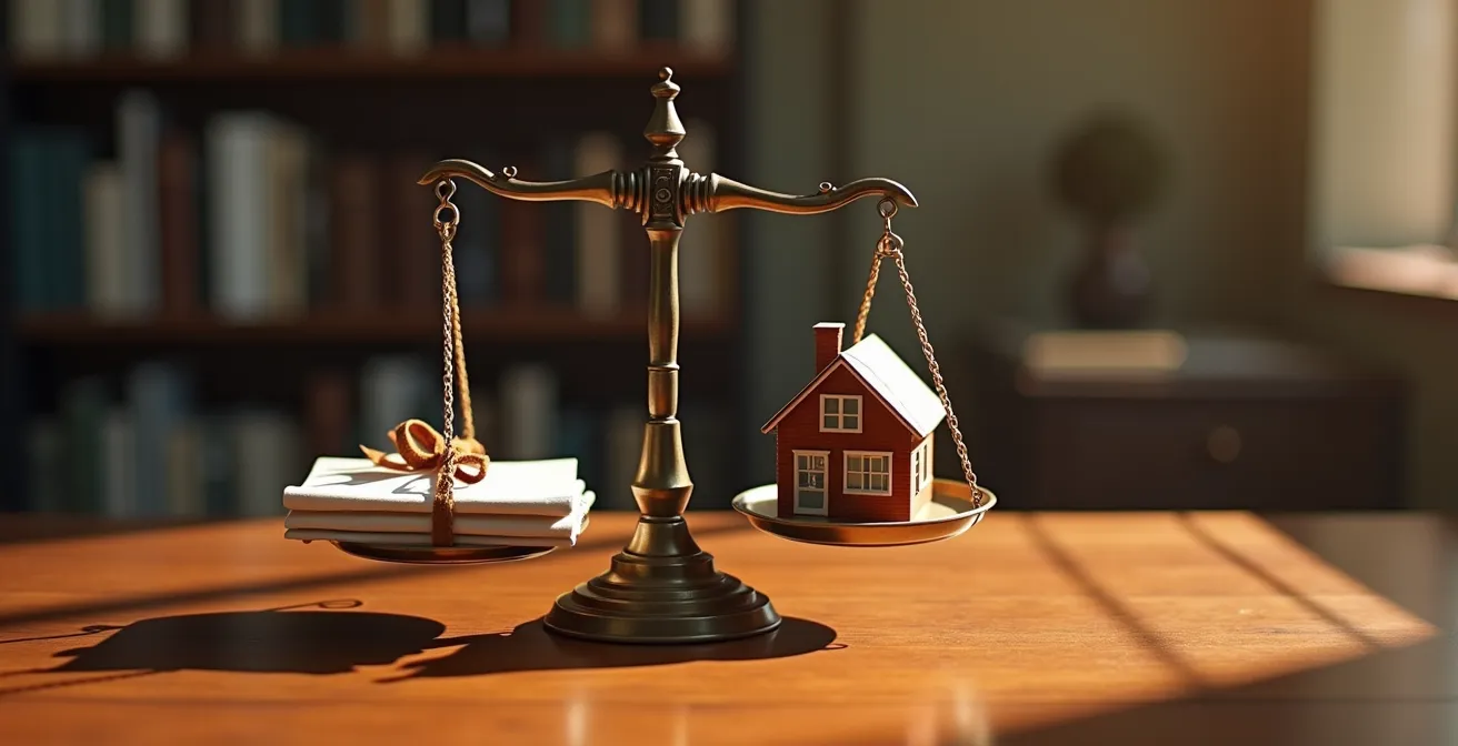 Balance équilibrée avec maison d'un côté et documents financiers de l'autre symbolisant le choix entre refinancement et prêt