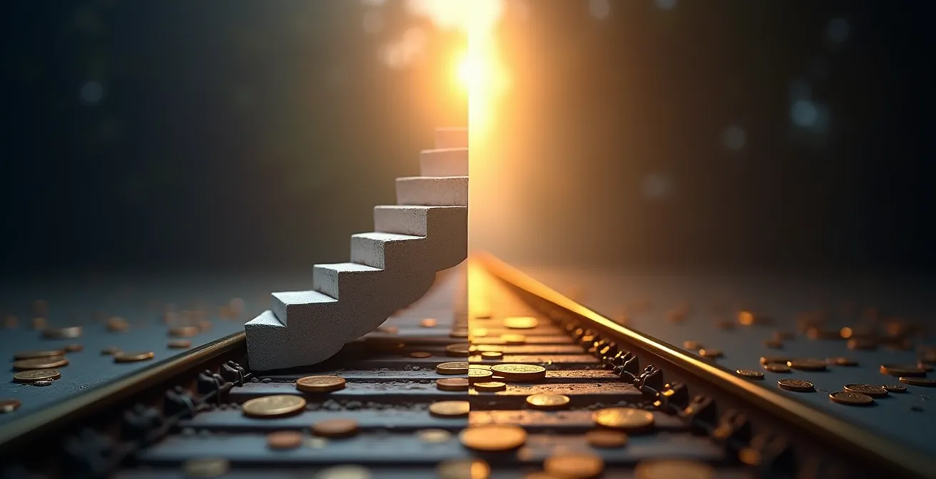 Composition abstraite montrant deux chemins financiers divergents, un en spirale pour le crédit rotatif et un droit pour le prêt à tempérament.