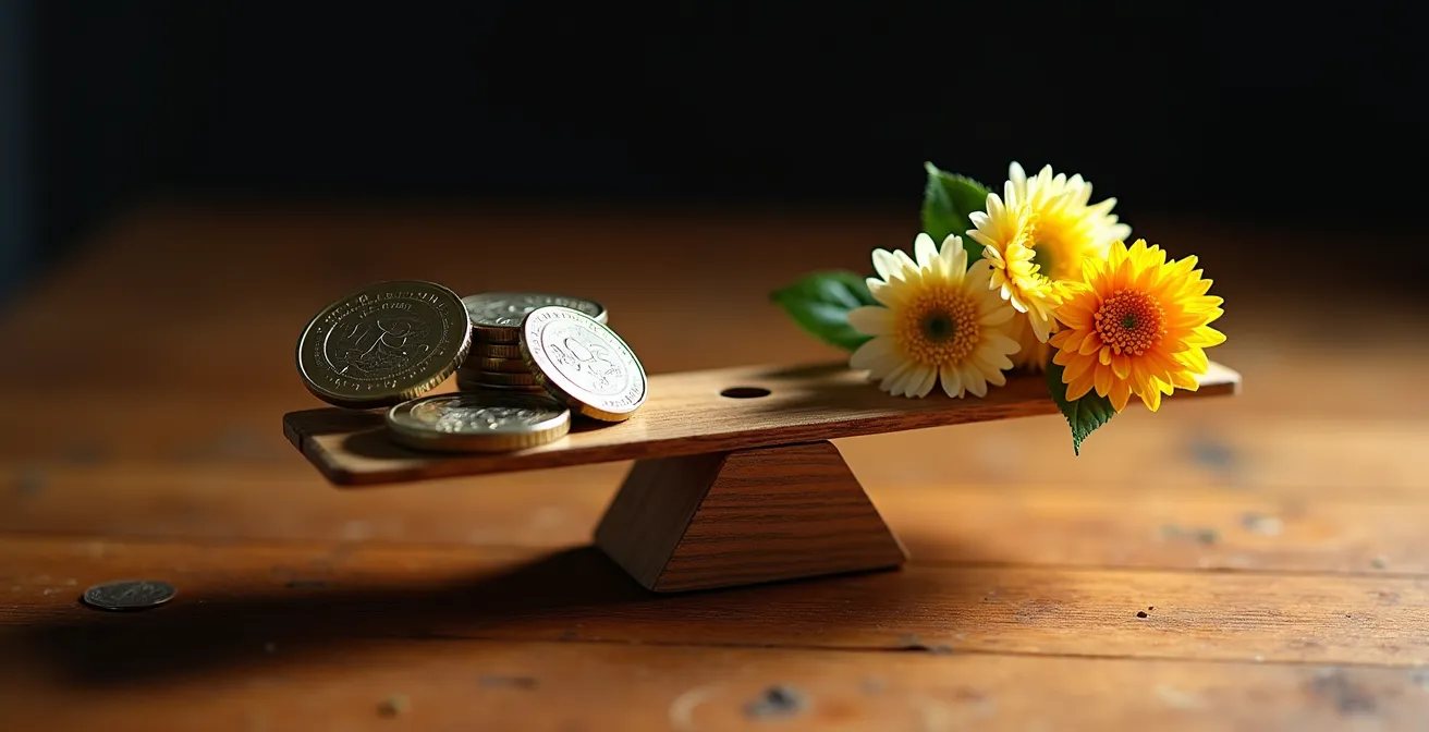 Comparaison visuelle entre coûts d'assurance et frais funéraires avec objets symboliques