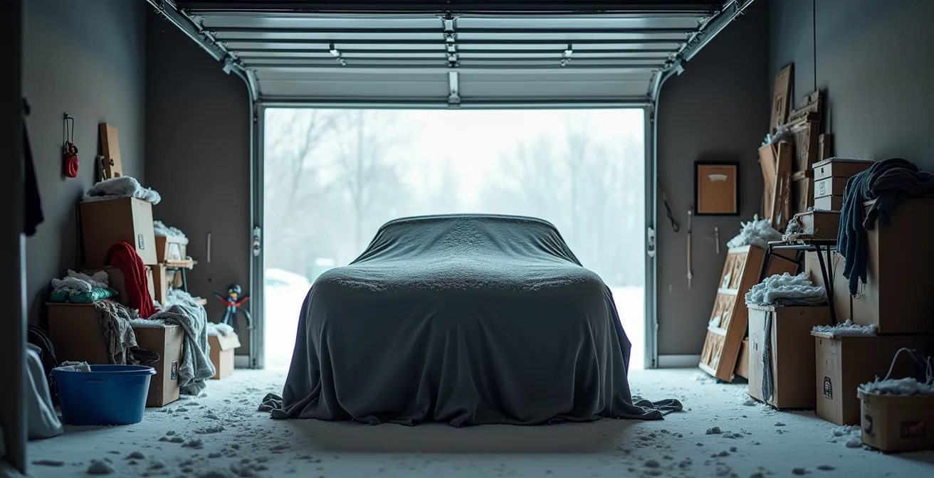 Cabriolet classique remisé dans un garage québécois avec couverture de protection hivernale