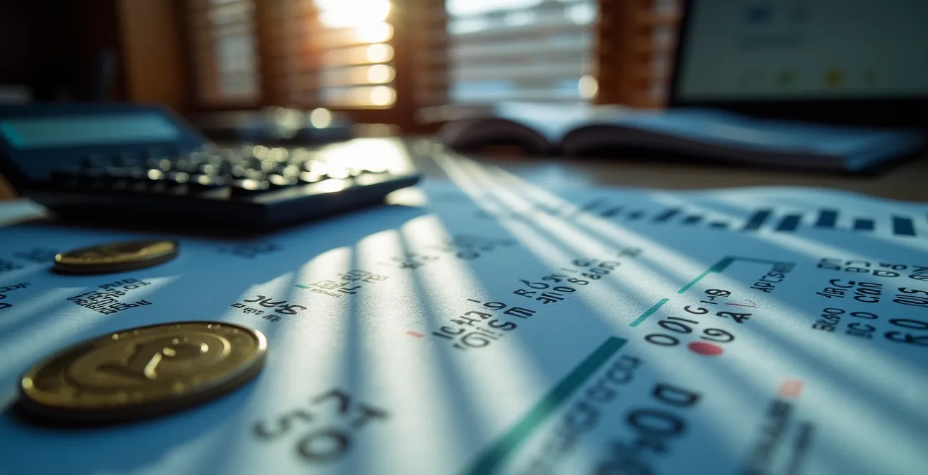 Vue macro de documents financiers automobiles avec calculatrice montrant différents scénarios de coûts