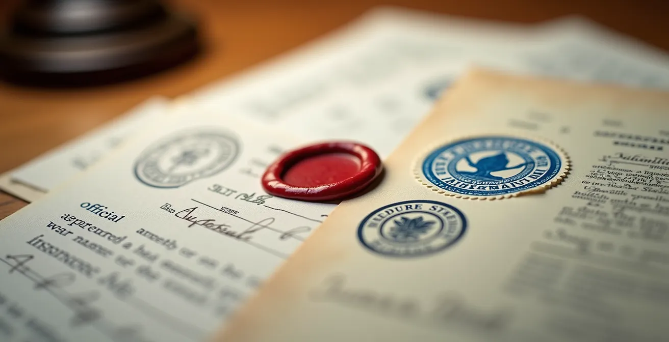 Vue macro de documents officiels du Registre foncier avec certificat de localisation sur bureau professionnel