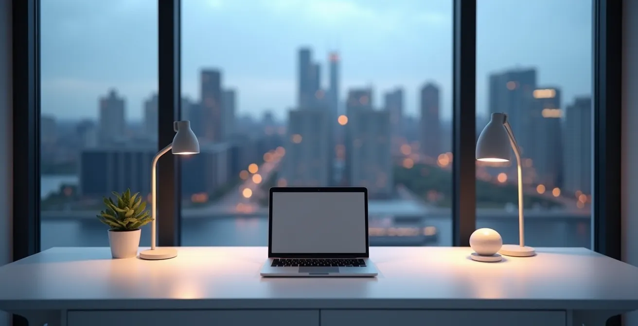Bureau moderne épuré avec vue sur la ville