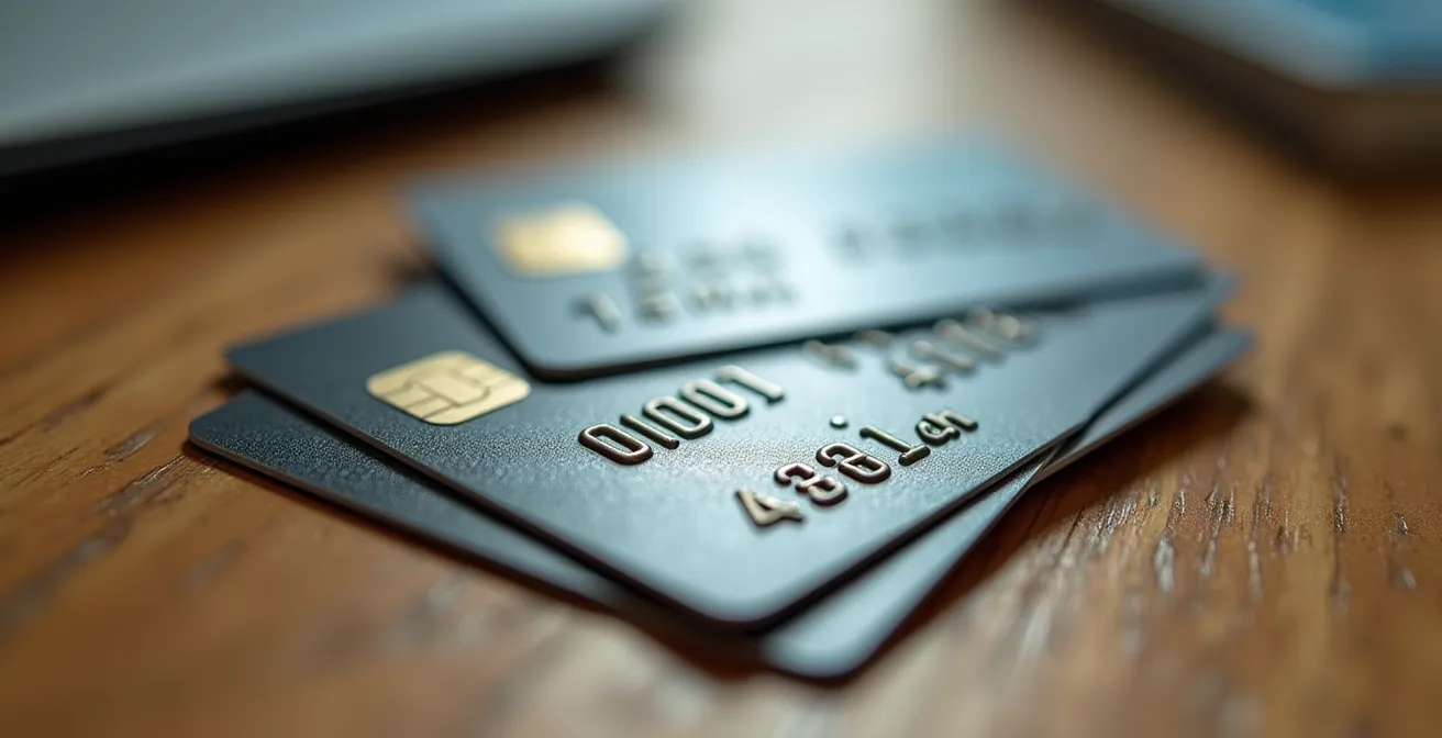 Vue aérienne de cartes bancaires et calculatrice sur bureau organisé