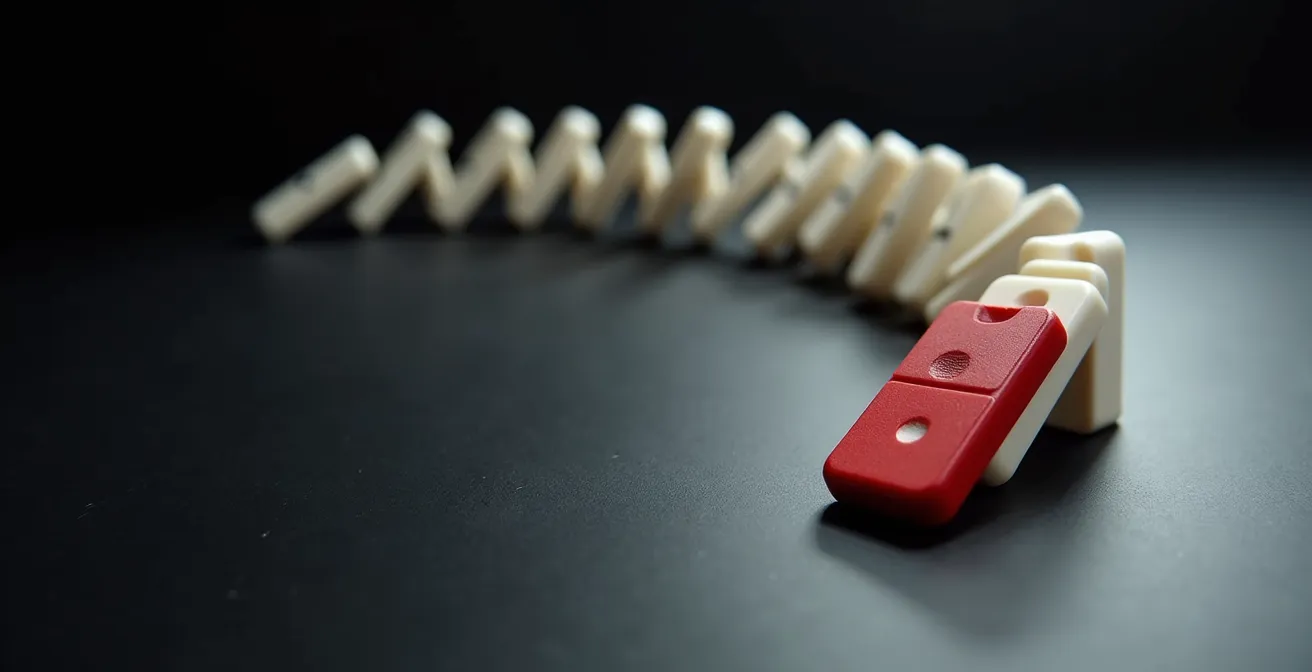 Visualisation métaphorique d'un effet domino avec des pièces tombant en cascade