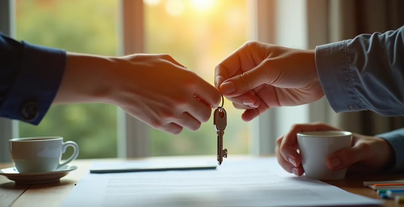 Mains échangeant des clés de maison au-dessus d'une table avec contrat flou en arrière-plan