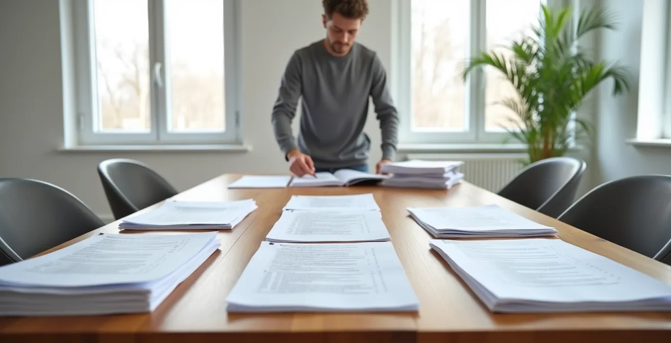 Personne organisant méthodiquement des documents financiers sur une table de travail