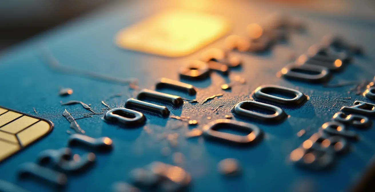 Gros plan macro sur l'usure d'une carte bancaire symbolisant le piège de l'endettement