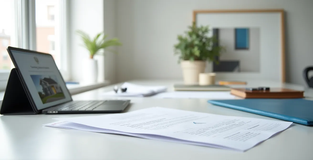 Bureau organisé avec documents d'évaluation, certificat de localisation et tablette montrant une visite virtuelle