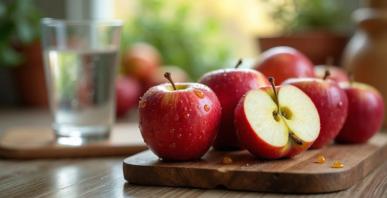 Nature morte symbolisant une préparation saine avec fruits et eau dans un intérieur québécois lumineux