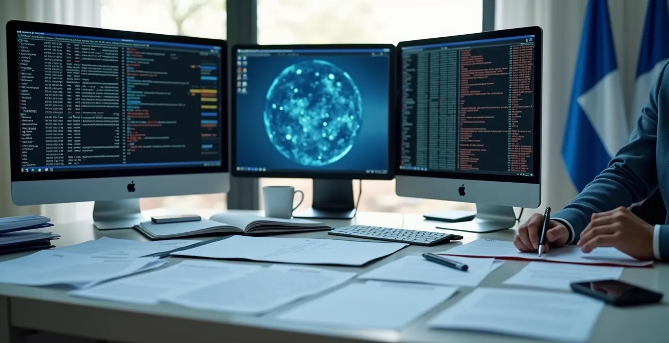 Bureau organisé avec des documents de plainte et des preuves numériques sur plusieurs écrans, illustrant la préparation d'un dossier solide.