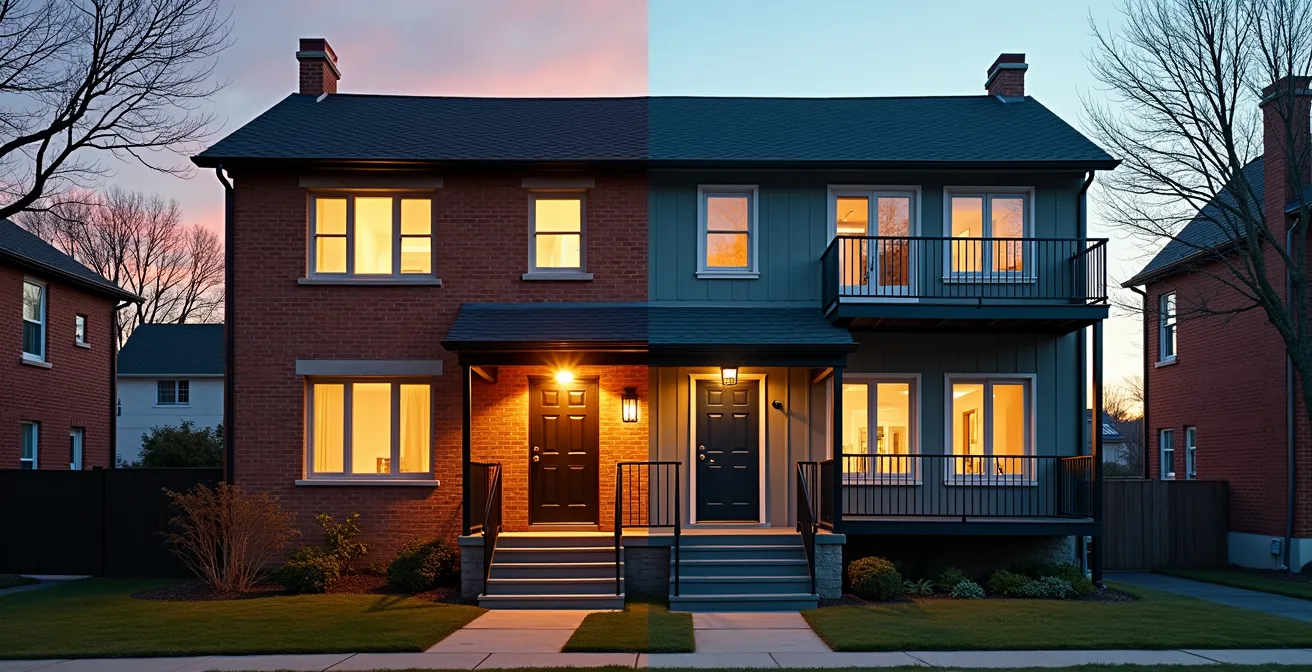 Façade d'un triplex québécois typique avec détails architecturaux
