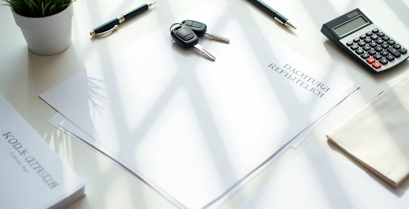 Bureau avec calculatrice et documents de refinancement auto éparpillés, sans texte visible