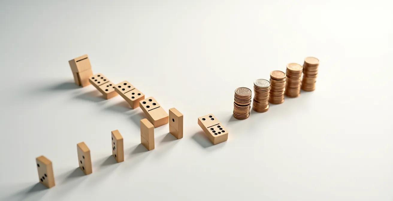 Graphique abstrait montrant deux trajectoires financières sur 15 ans avec courbes colorées