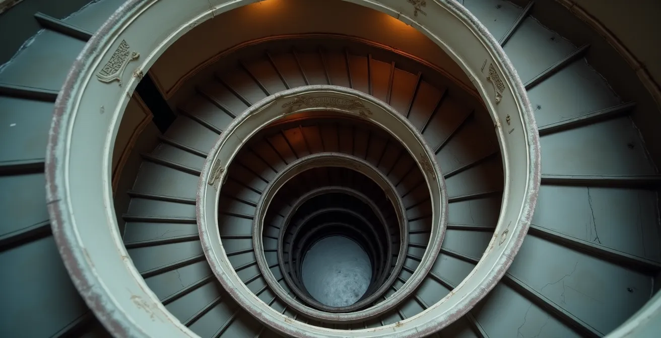 Vue aérienne d'un escalier en spirale descendant symbolisant la spirale de l'endettement