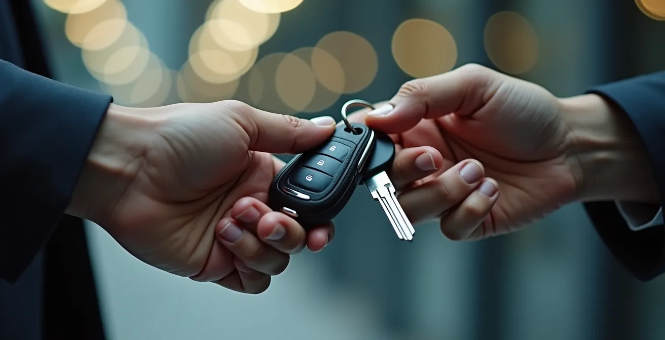 Gros plan sur des mains échangeant des clés de voiture avec textures de cuir et métal