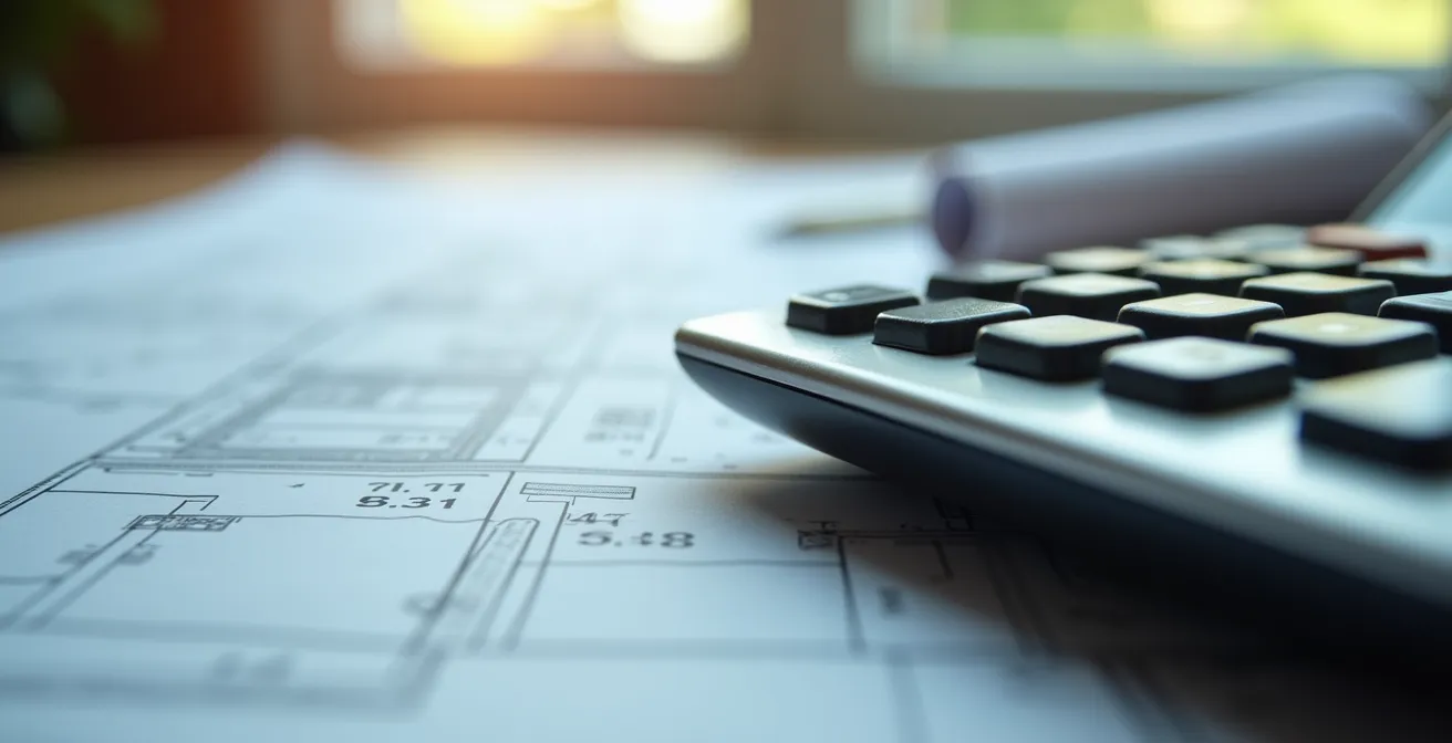 Graphiques financiers et calculatrice sur bureau montrant l'analyse de flux de trésorerie