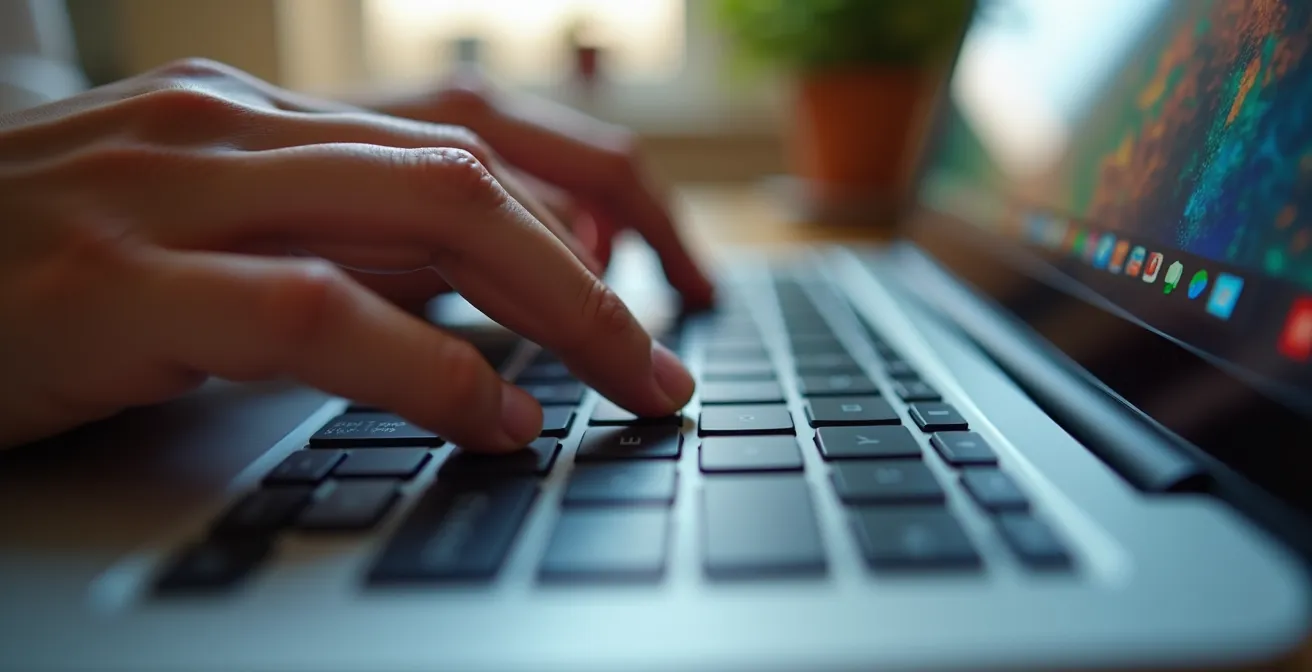 Mains tapant sur un clavier d'ordinateur portable avec reflets d'écran flous en arrière-plan